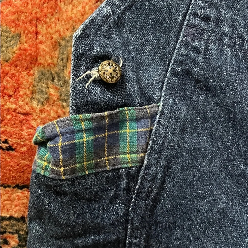 Vintage Baby OshKosh B'gosh Denim Overalls Green Plaid Trim 18M